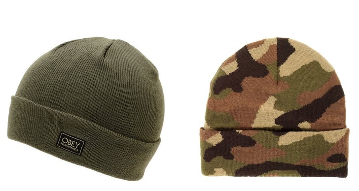Army style-mössor från Obey ca 159kr respektive 120kr från Weekday