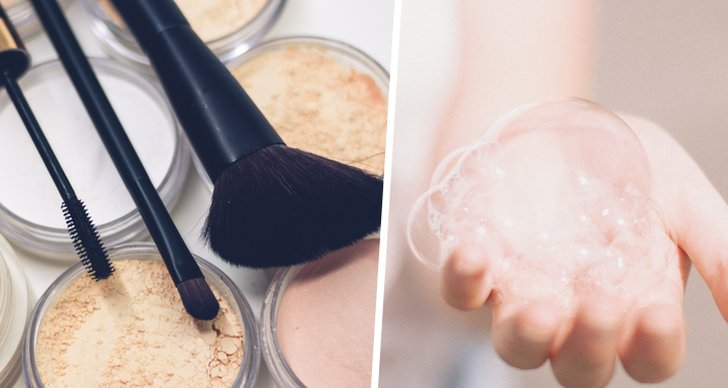 Bilden är ett kollage med en bild på sminkborstar och puder och en bild på en hand som håller i bubblor.