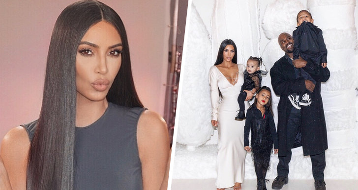 Bilden är ett montage på Kim och ett foto på hennes man Kanye och barnen Saint, North och Chicago.