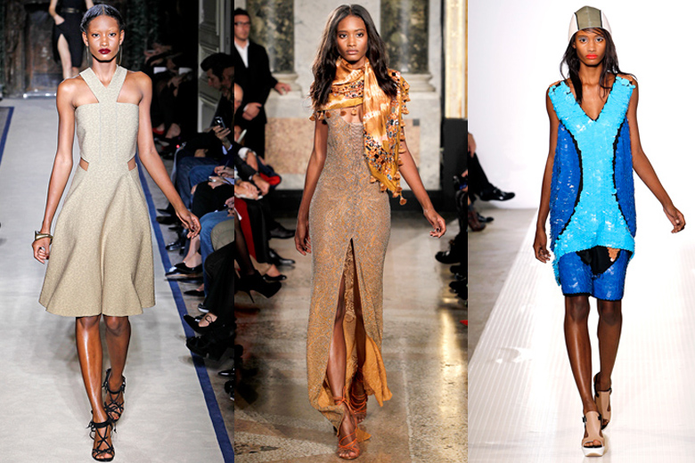 Modellen i visningar för Yves Saint Lauren, Emilio Pucci och Marni. 