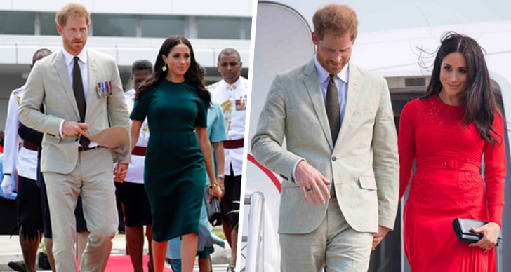 Prins Harry i kostym, Meghan Markle i grön klänning och röd klänning.