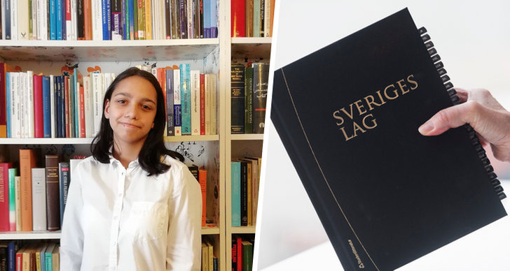 Till höger ser vi en bild på Mathilda Bandarian och till vänster ser vi en bild på Sveriges nya lagbok.