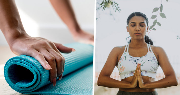 ett bildmontage med en ihoprullad yogamatta och en bild på en tjej som gör en yoga övning.