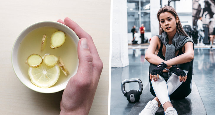En hand som håller i citron och ingefära-vatten och en tjej som sitter på en gymmatta.