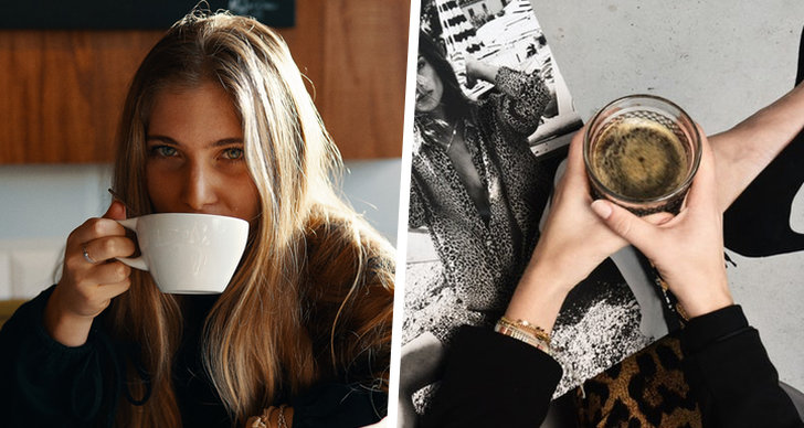 En tjej som dricker ur en mugg, en tjej med en kaffekopp i hands