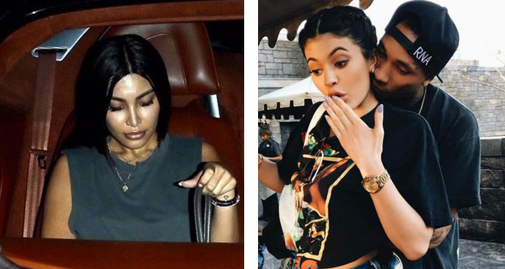 Till vänster är en bild på Kim Kardashians look alike och till höger står Tyga och Kylie Jenner.